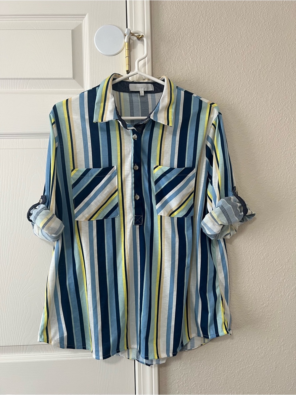 Eden & Olivia Striped Roll Tab Sleeve Tunic Shirt Blue Yellow XL